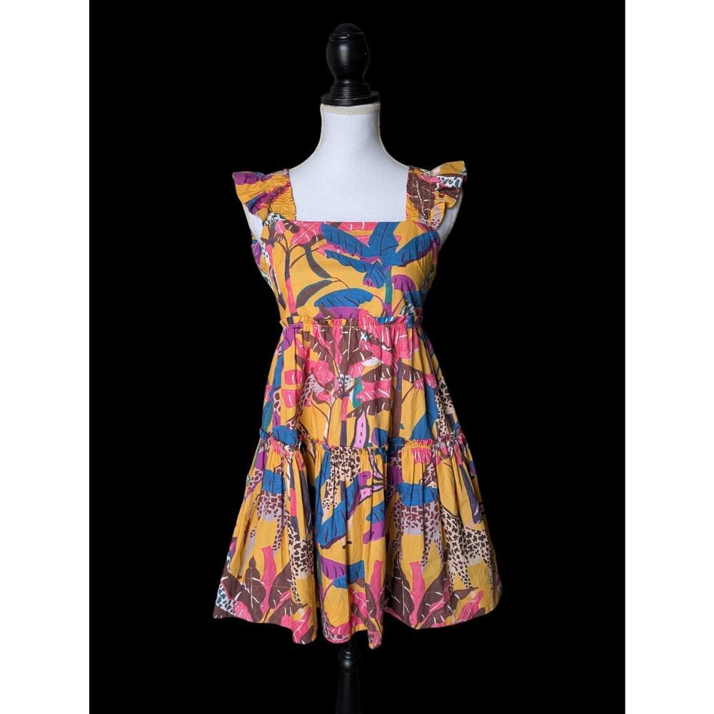 Oliphant Kruger Saffron Yellow Square Neck Tiered Mini Dress Size XS Giraffe